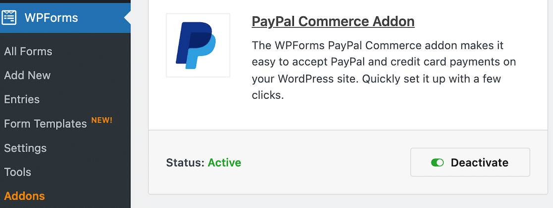The PayPal addon activated