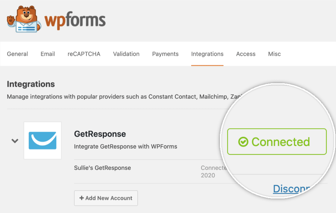 GetResponse account successfully connected to WPForms