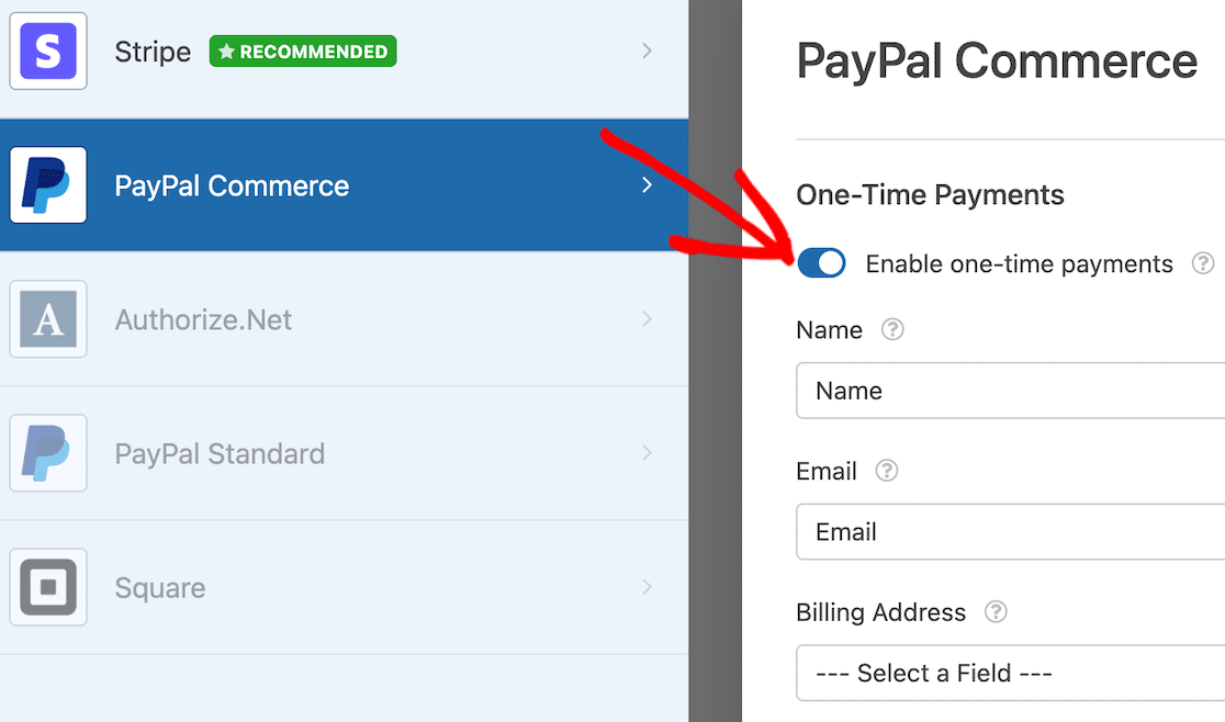 Use the toggle switch to enable PayPal payments
