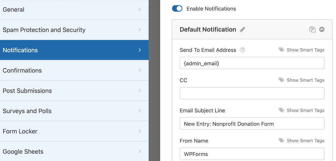 Access the form notifications in settings