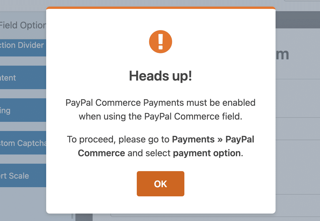 This modal window lets you know that you have to enable payments
