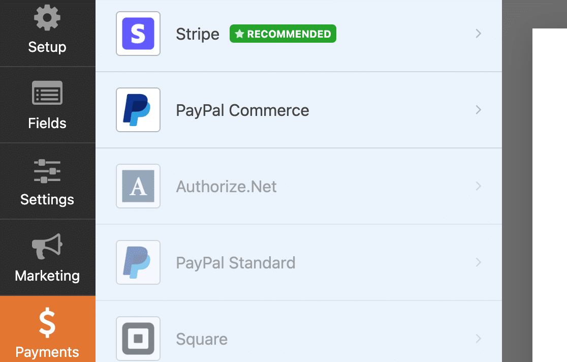 Activated payment options in WPForms