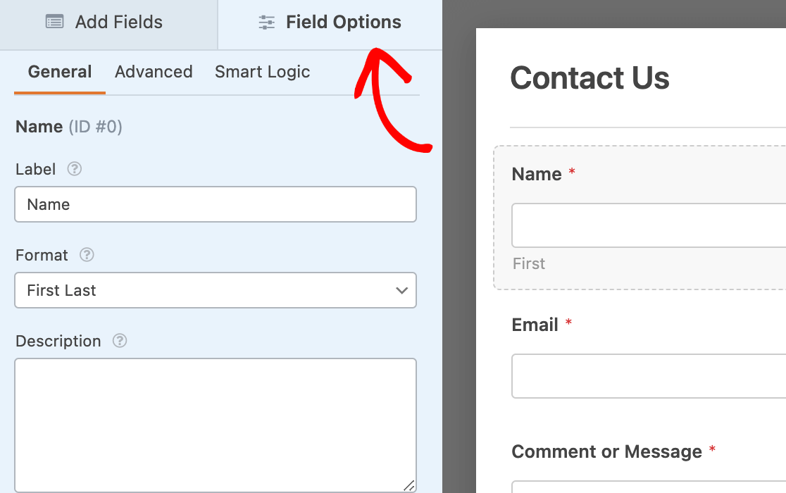 Accessing the field options in the form builder