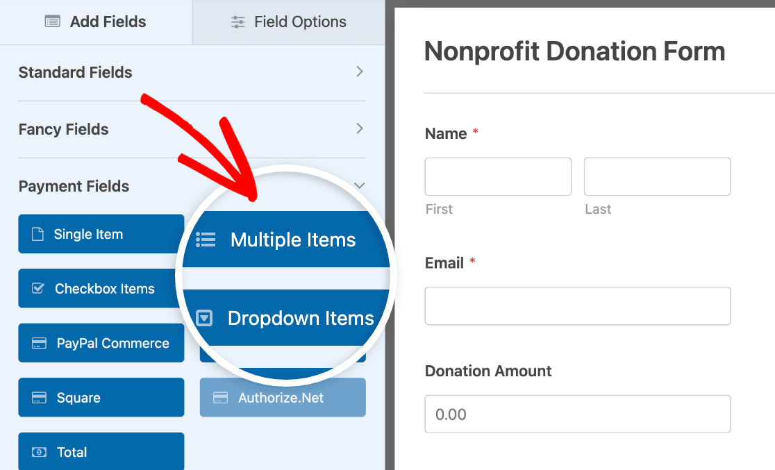 Adding a Multiple Items field to a donation form