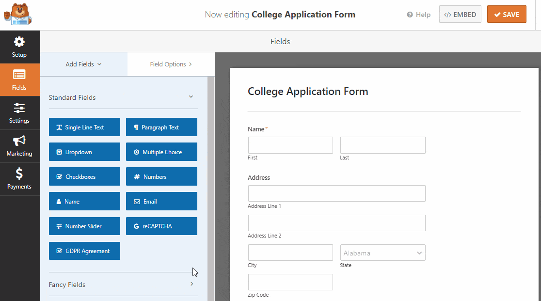 add other fields to college application form