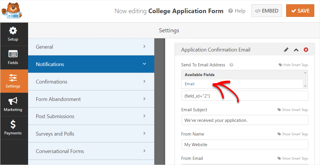 adding a smart tag to your college application form