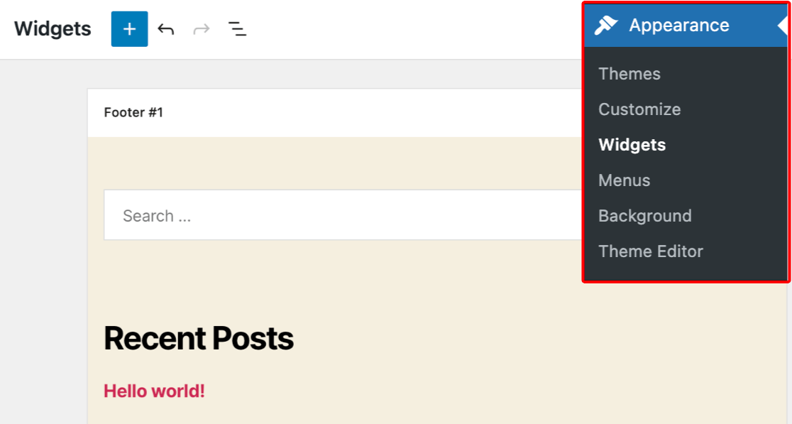Accessing the Widgets editor screen