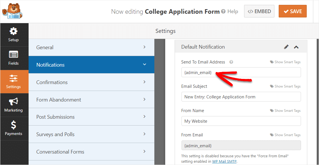 change default email address on college application form