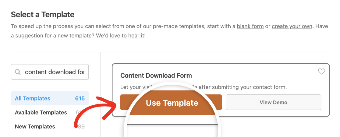 Selecting the Content Download Form template