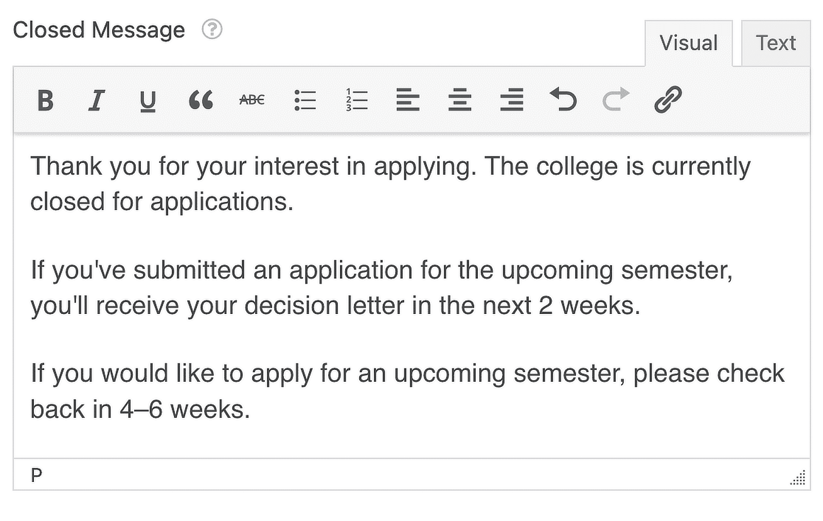 closed message college application