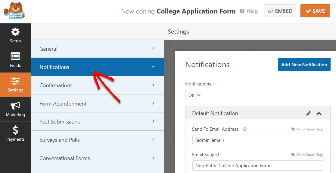 college application form notifications