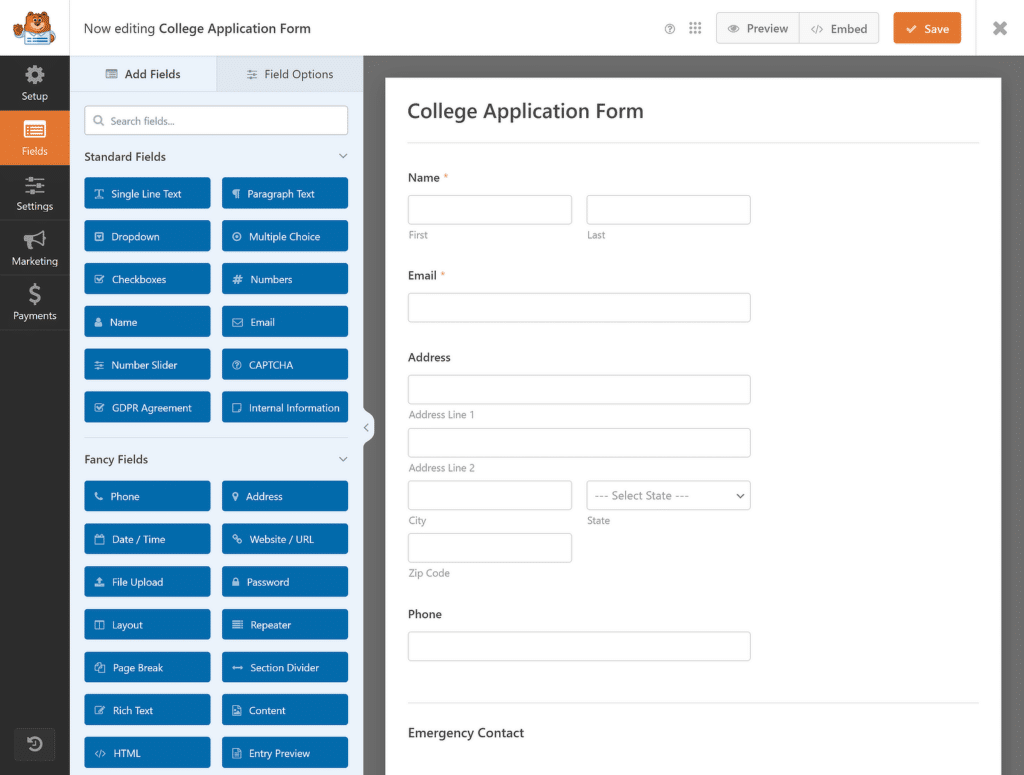 college application form preview