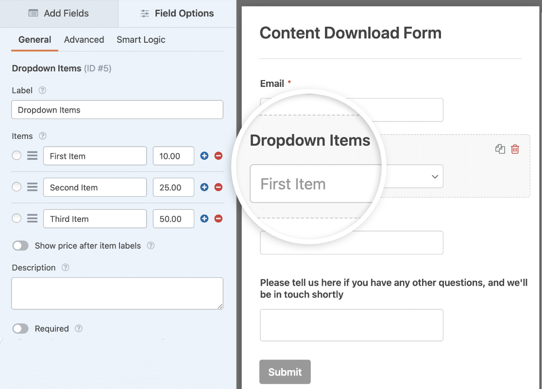 Opening the Dropdown Items field options