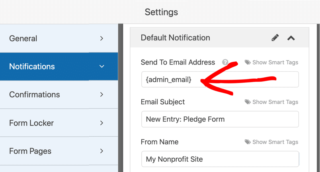 Default email notification for online pledge form