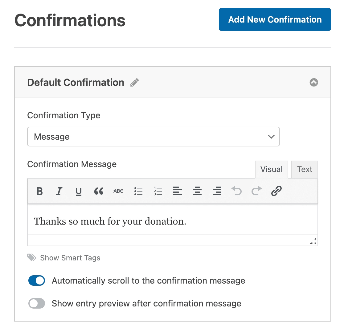 A donation form confirmation message