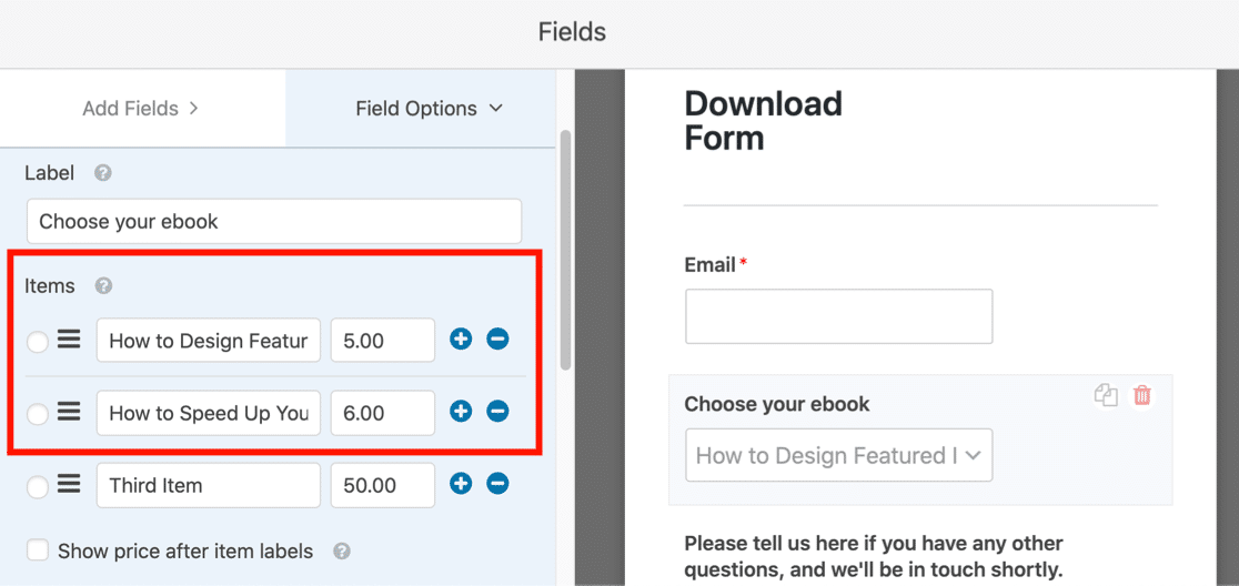 Dropdown field for ebook downloads