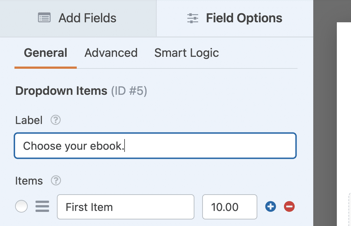 Edit Dropdown Items field label