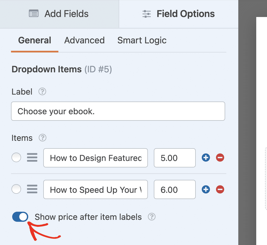 Dropdown Items show price