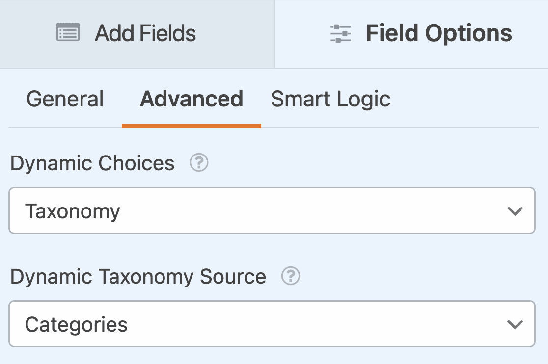 Setting up dynamic choices to display categories