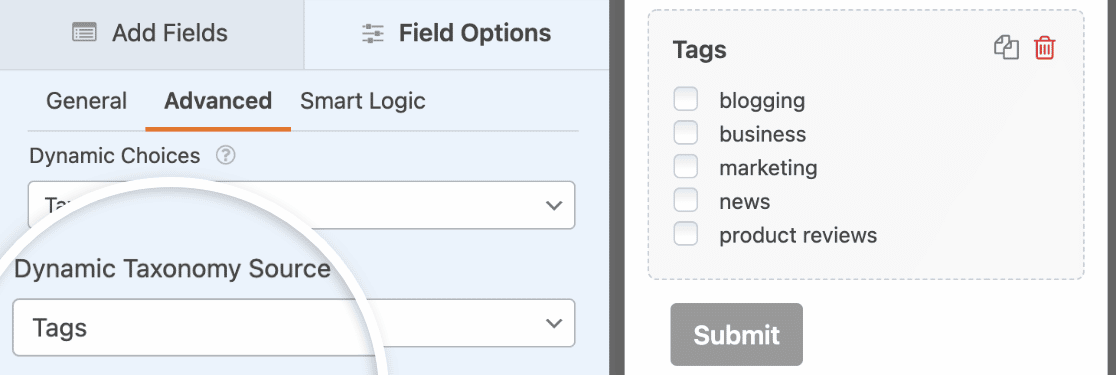 Setting dynamic choices to display tags