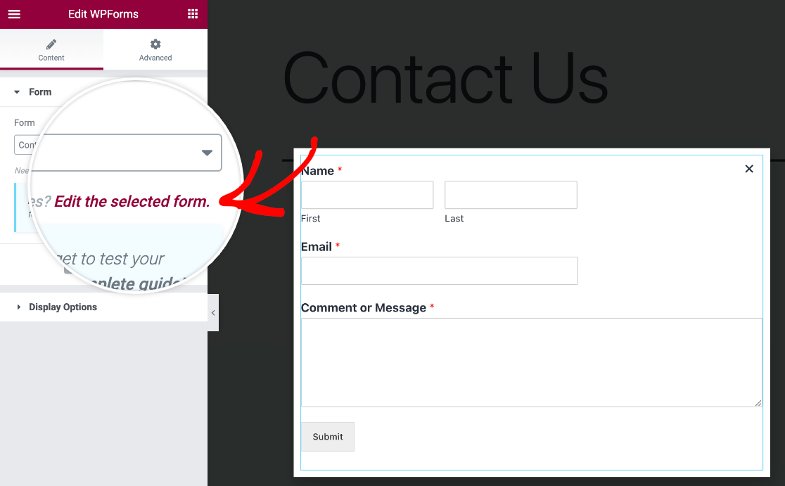 Editing a selected form in the Elementor popup builder