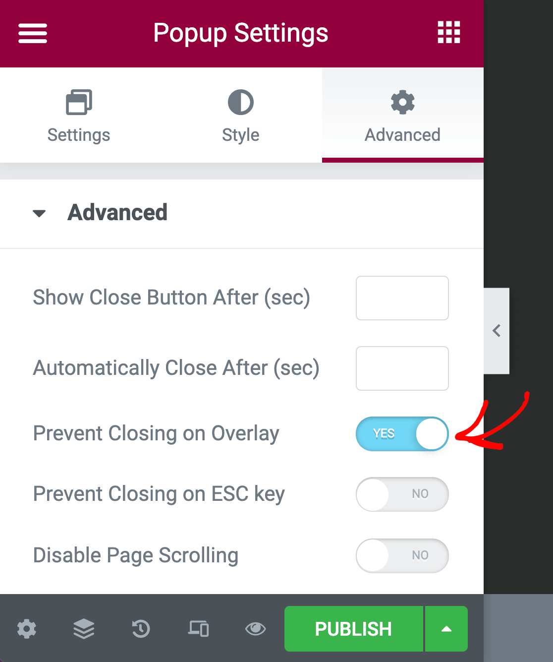 Turning on the Prevent Closing on Overly option for an Elementor popup