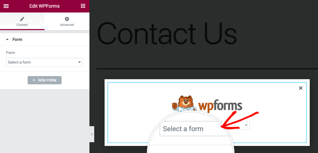 Choosing a form from the WPForms Elementor widget