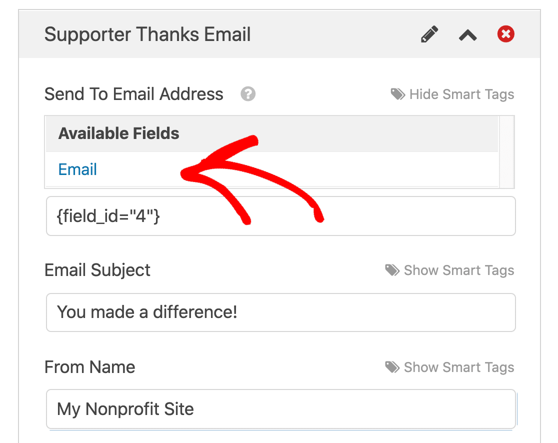 Add email smart tag to pledge form notification