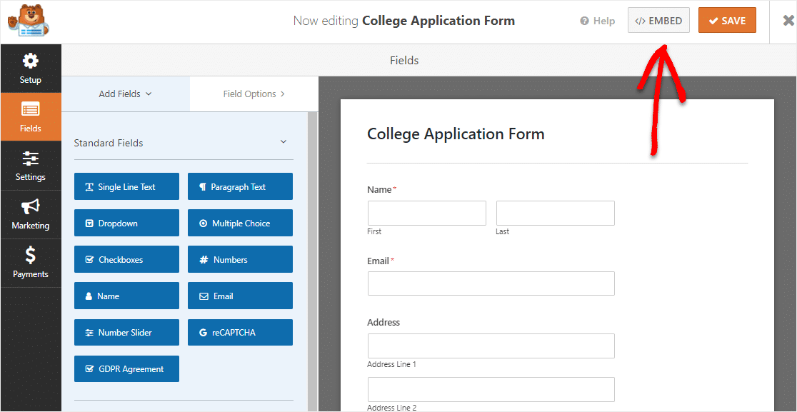 embed college application form onto wordpress website