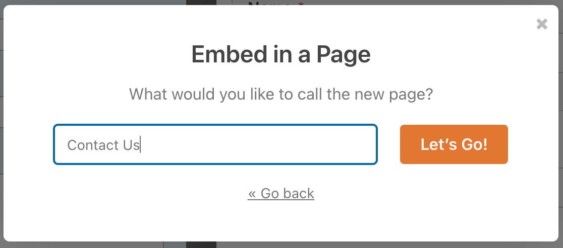 The Create New Page option in the form embed wizard