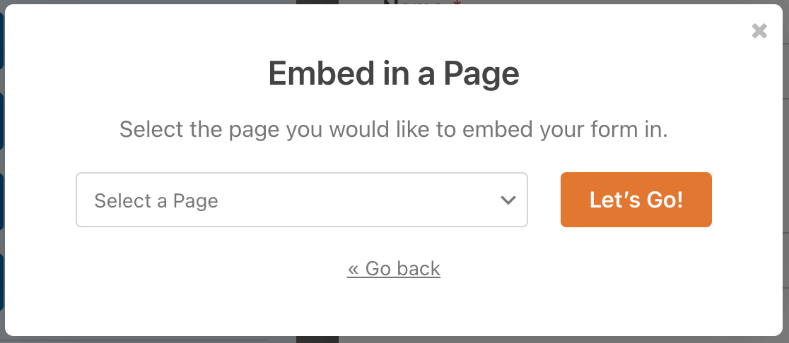 Select existing page option with a large Let's Go button