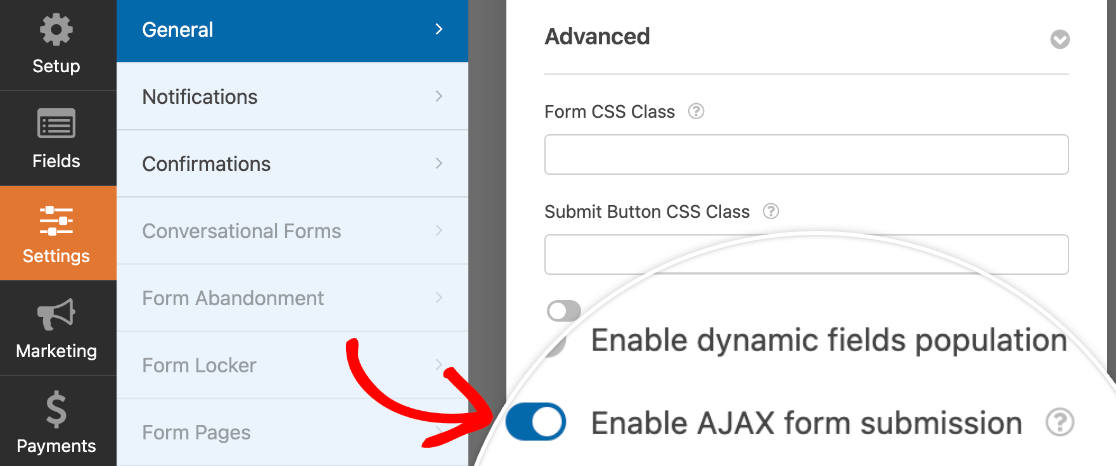 Checking that AJAX submissions are enabled in the form builder