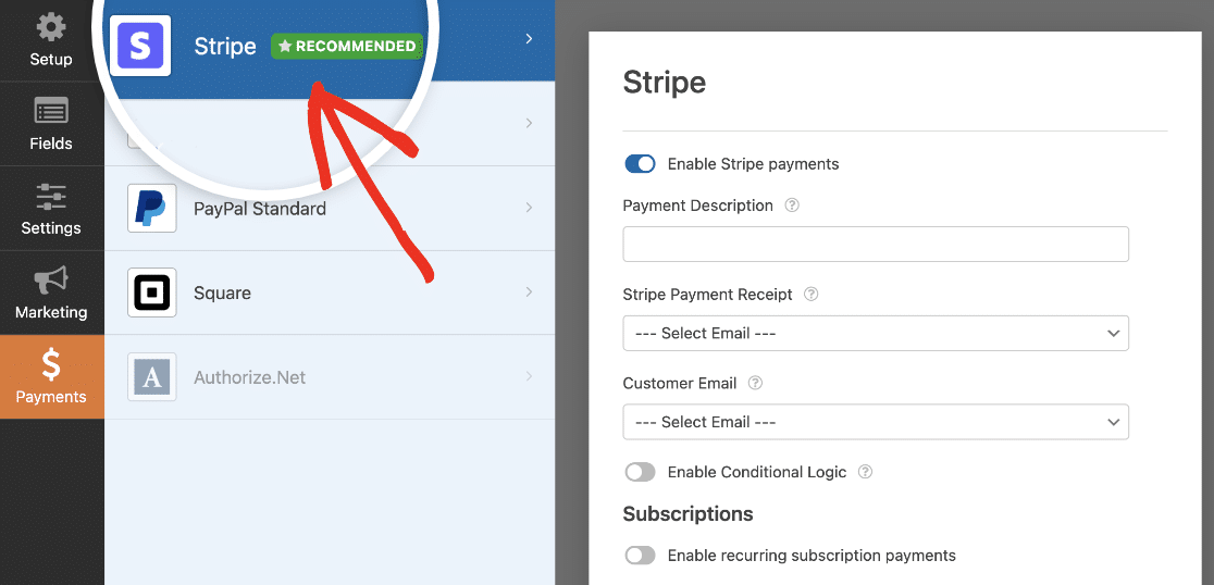 Opening and enabling Stripe payment settings