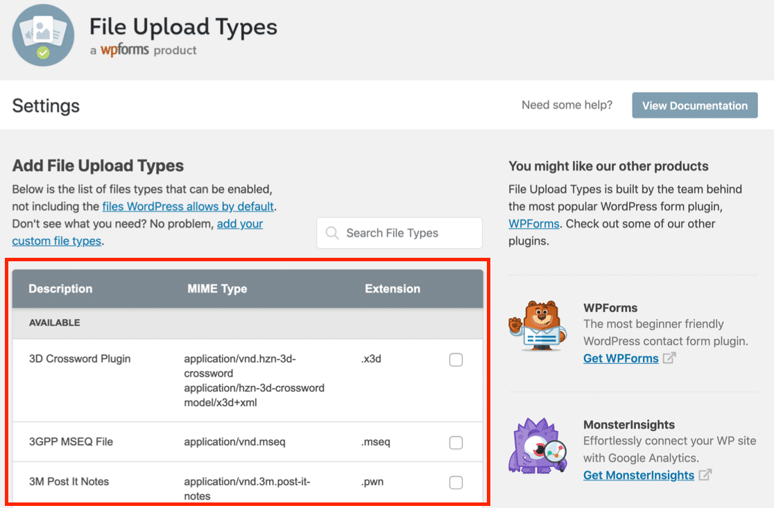 Lise of file types in the File Upload Types plugin