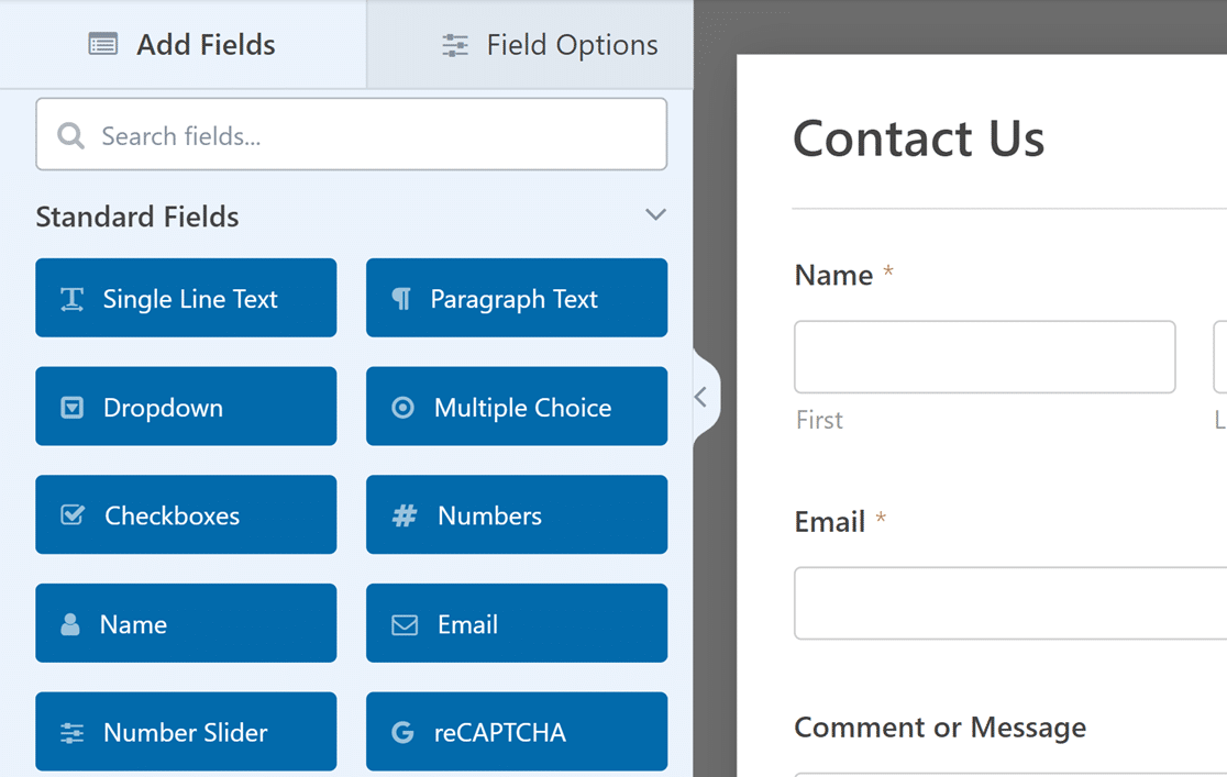 Available fields in the WPForms form builder