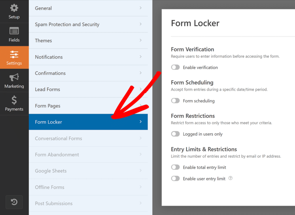 WPForms form locker settings