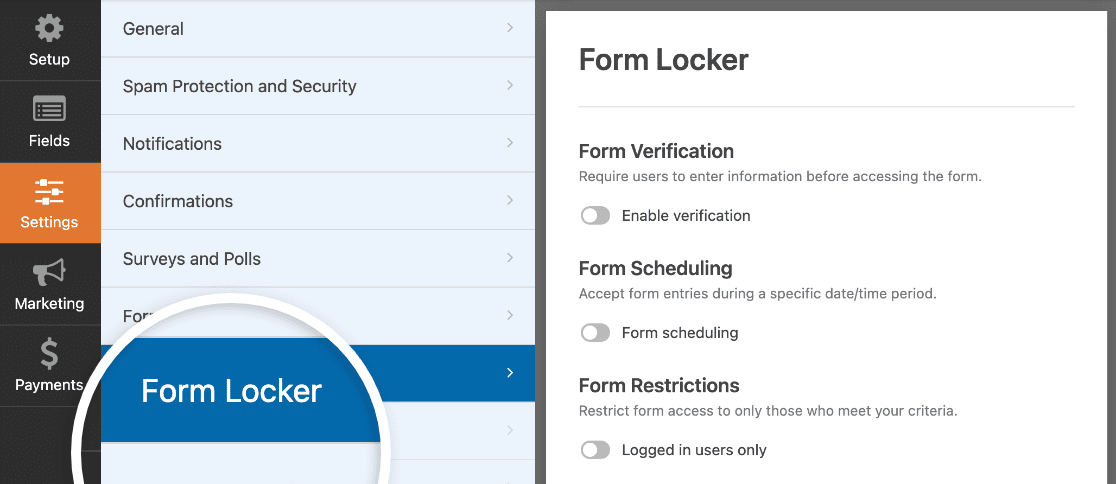 Accessing the Form Locker settings in the form builder