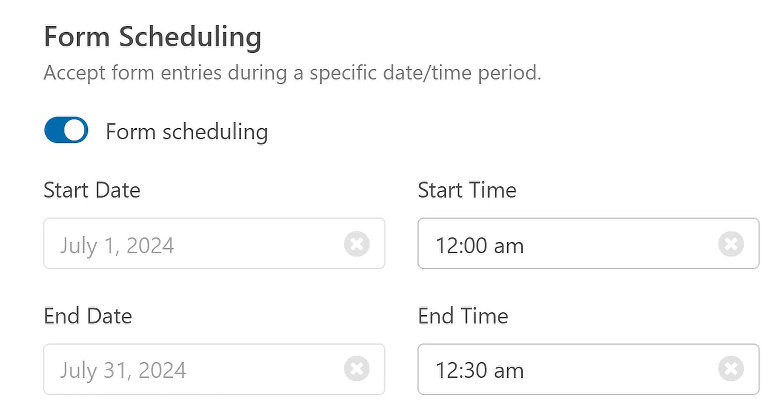 definições de agendamento de formulário