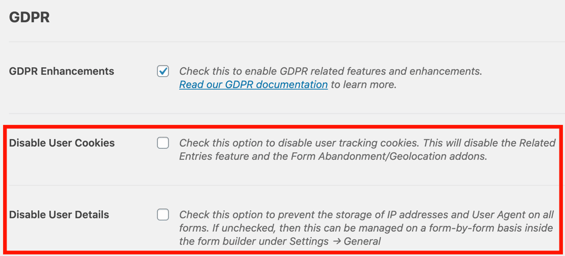 GDPR agreement form settings in WPForms