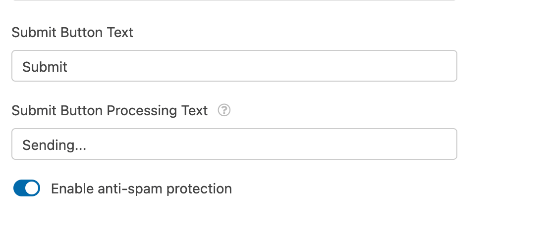 Submit button customization settings and the spam protection option