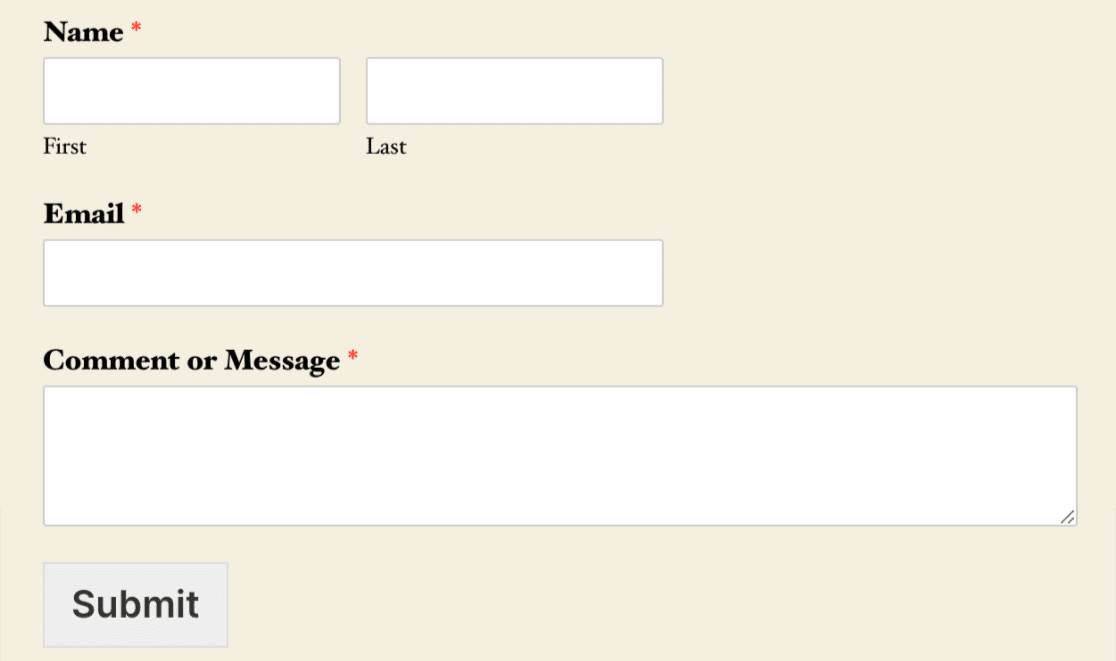 An example of a contact form embedded on a live site