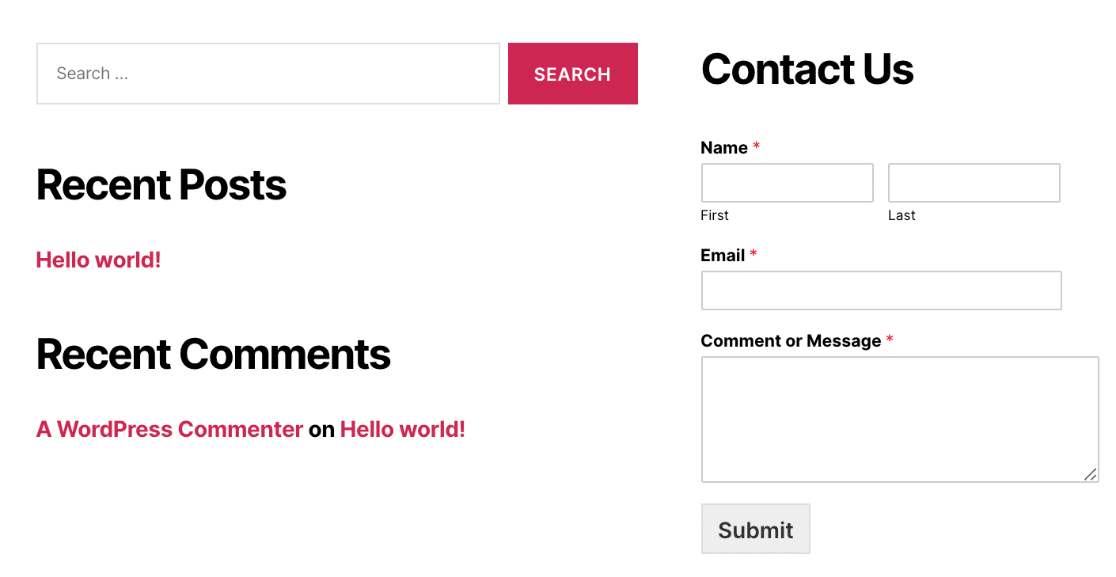 A form in a footer widget on the frontend