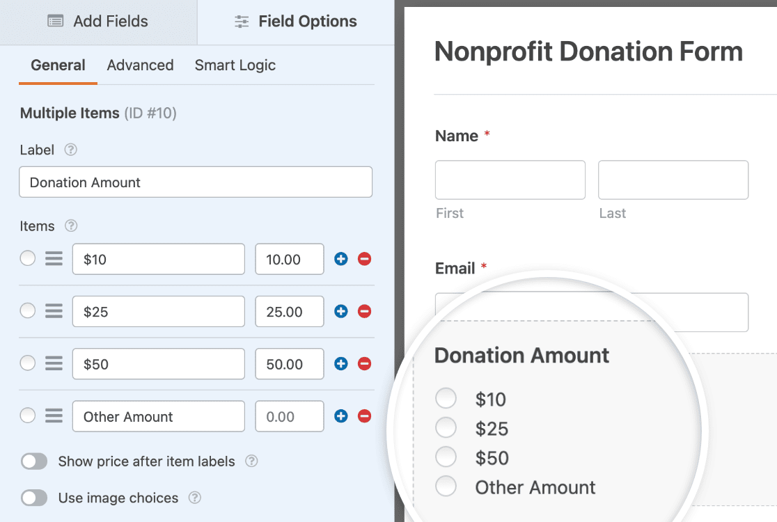 Customizing a Multiple Items field for a donation form