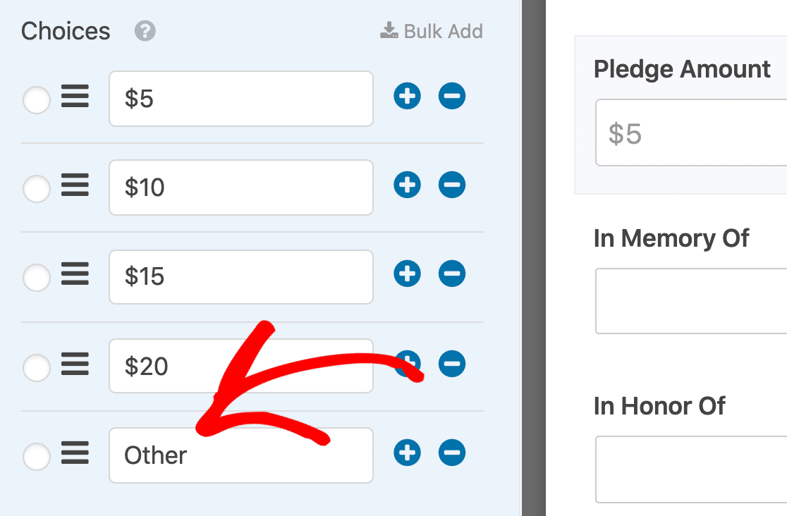 Add an Other field to your online pledge form dropdown