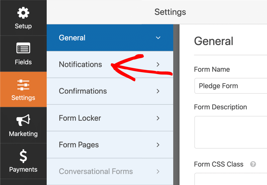 Open pledge form notification settings
