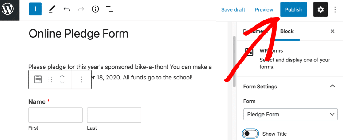 Publish your online pledge form in WordPress