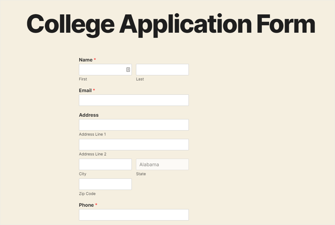 published college application form