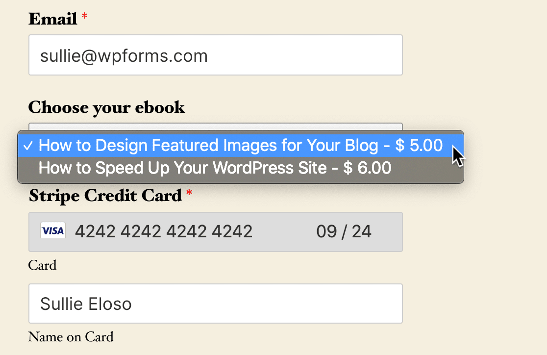 Published WordPress download payment form