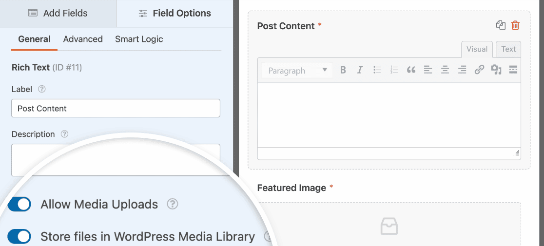 Media upload options for the Rich Text field