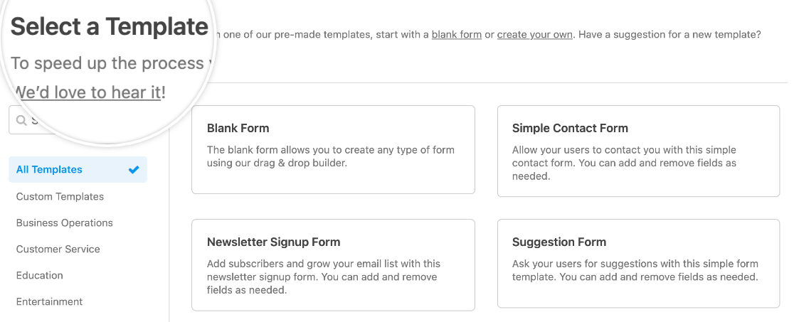 Select a template section in WPForms